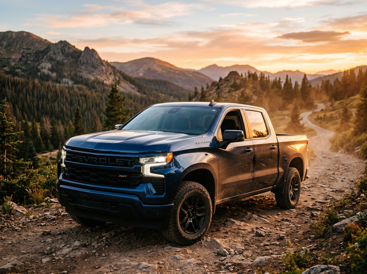 Chevy Silverado pickup truck on a mountain trail at golden hour