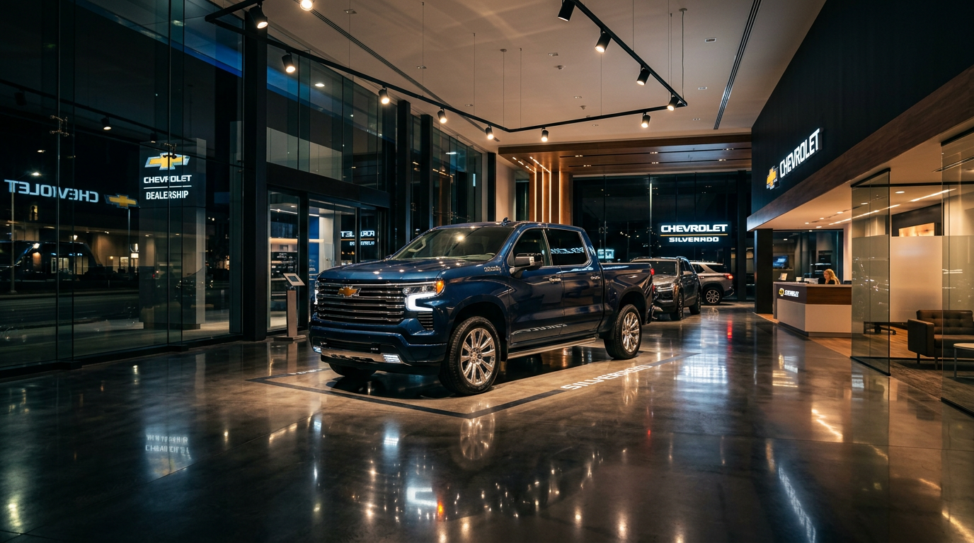 Chevy Silverado on display in a modern dealership showroom